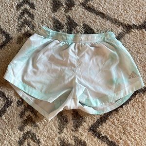 Teal/white tie die shorts, worn a bit but no stains or tears